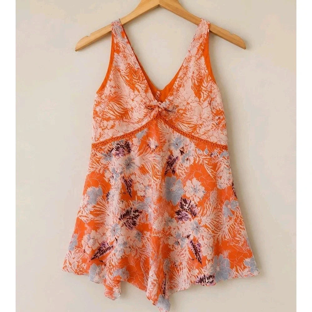 Free People Size Large Floral Romper Orange Boho Festival Resort Vacation